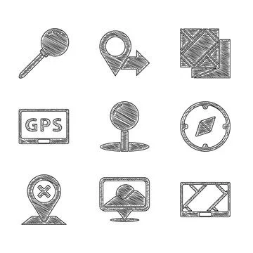 Set Push pin, Location, Gps device with map, Compass, Folded and icon. Vector Illustrazione stock