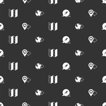 Set Push pin, Location with house, Folded map and the globe on seamless pattern Illustrazione stock
