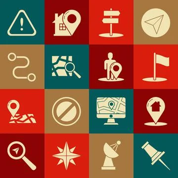 Set Push pin, Map pointer with house, Flag, Road traffic sign, Folded map Stock Illustration