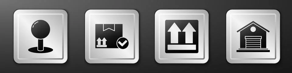 Set Push pin, Package box with check mark, This side up and Warehouse icon. S Stock Illustration