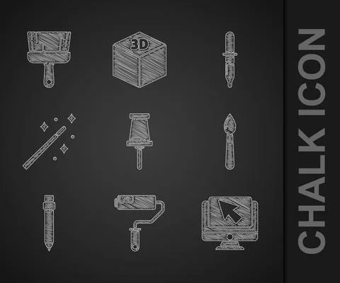 Set Push pin, Paint roller brush, Computer monitor and cursor, Pencil with Stock Illustration