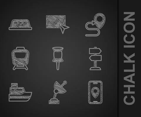 Set Push pin, Radar, City map navigation, Road traffic sign, Ship line path,  Stock Illustration