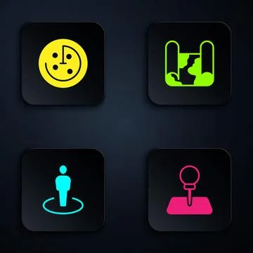 Set Push pin, Radar with targets on monitor, Location person and Folded map.. Stock Illustration