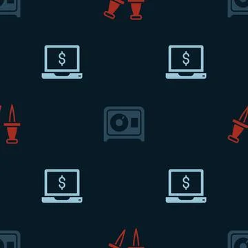 Set Push pin, Safe and Laptop with dollar on seamless pattern. Vector Stock Illustration