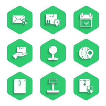 Set Push pin Scale Envelope with shield Location on the globe Delivery hand b Illustrazione stock