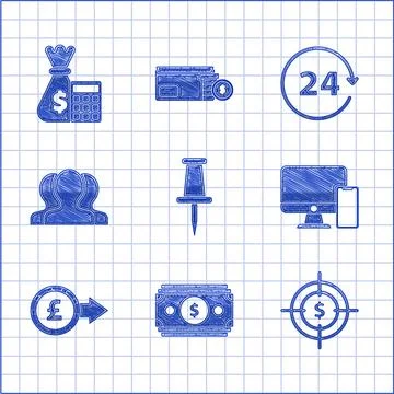 Set Push pin, Stacks paper money cash, Target with dollar symbol, Computer Stock Illustration