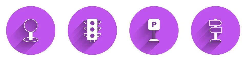 Set Push pin, Traffic light, Parking and Road traffic sign icon with long shadow Stock Illustration