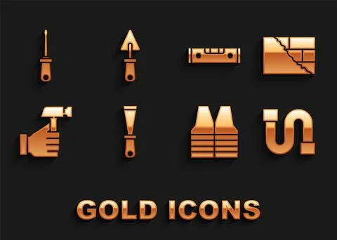 Set Putty knife, Bricks, Industry pipe, Safety vest, Hammer, Construction bubble Stock Illustration