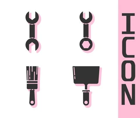 Set Putty knife, Wrench spanner, Paint brush and Wrench spanner icon. Vector Stock Illustration
