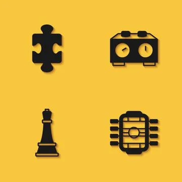 Set Puzzle pieces toy, Table football, Chess and Time chess clock icon with long Stock Illustration