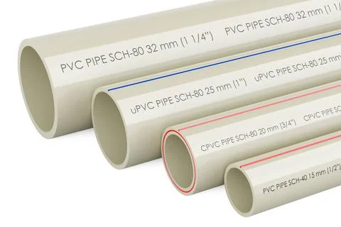 Set of PVC pipes, composite pipe, uPVC pipe, cPVC pipe, 3D rendering Set o... Stock Photos