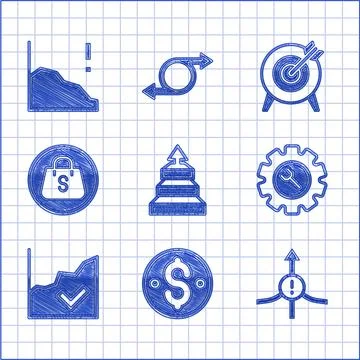 Set Pyramid chart infographics, Dollar symbol, Arrow, Wrench and gear, Financial Stock Illustration