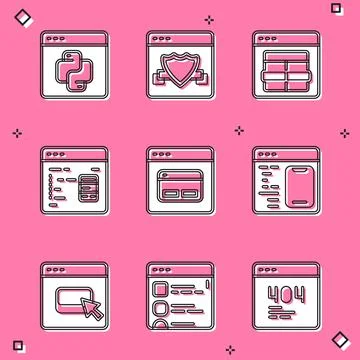 Set Python programming language, Browser with shield, MySQL code, Software Stock Illustration