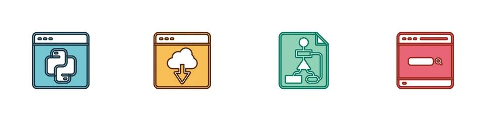 Set Python programming language, Cloud technology data transfer, Flowchart and Illustration