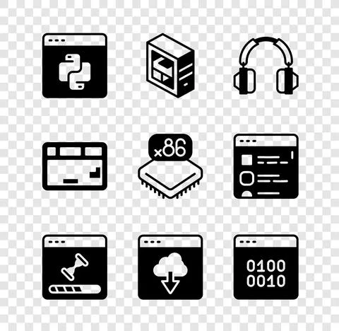 Set Python programming language, Computer, Headphones, Loading data window Stock Illustration