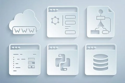 Set Python programming language, Flowchart, Software, Server, Data, Web Hosting Illustration