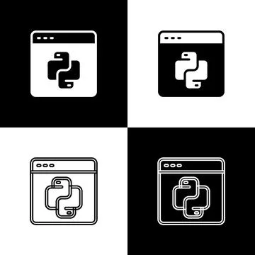 Set Python programming language icon isolated on black and white background Stock Illustration