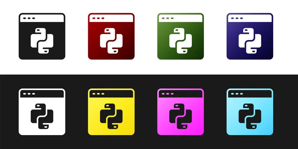Set Python programming language icon isolated on black and white background Illustration