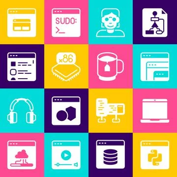 Set Python programming language, Laptop, Software, Hacker or coder, Processor Stock Illustration