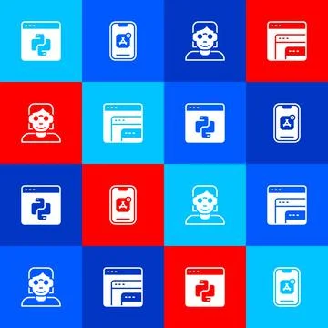 Set Python programming language, Mobile Apps, Hacker or coder and Software icon Stock Illustration