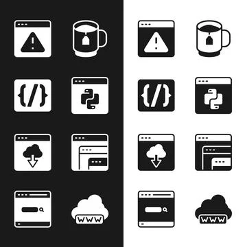 Set Python programming language, Programming syntax, Browser with exclamati.. Stock Illustration