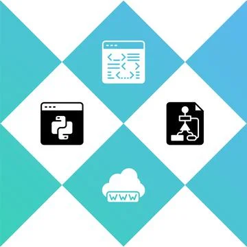 Set Python programming language, Web development, Software and Flowchart icon Stock Illustration