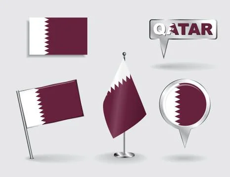 Set of Qatari pin, icon and map pointer flags. Vector Stock Illustration