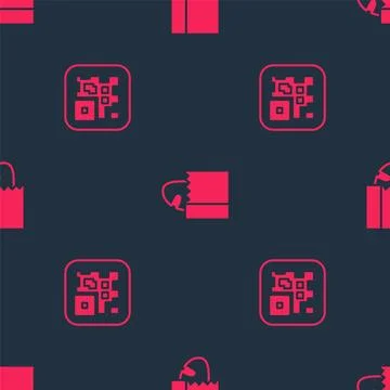 Set QR code and Paper bag with bread loaf on seamless pattern. Vector Illustrazione stock