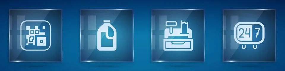 Set QR code, Bottle for cleaning agent, Cash register machine and Clock 24 hours Stock Illustration