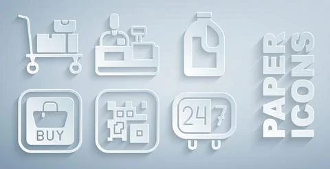 Set QR code, Bottle for cleaning agent, Buy button, Clock 24 hours, Cashier at Stock Illustration