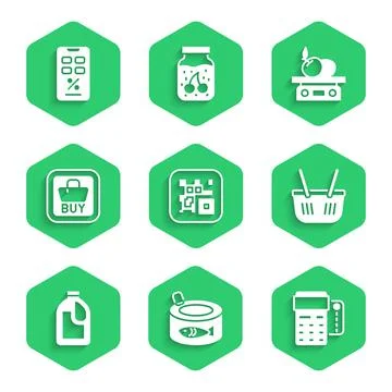 Set QR code, Canned fish, POS terminal with credit card, Shopping basket, Bottle Stock Illustration