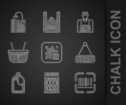 Set QR code, Commercial refrigerator, Scanner scanning bar, Hanging sign wi.. Stock-Illustration