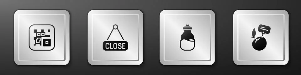 Set QR code, Hanging sign with Closed, Spice can and Supermarket food products 스톡 일러스트