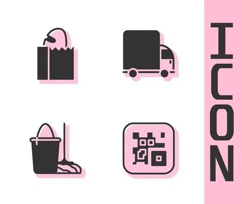 Set QR code, Paper bag with bread loaf, Mop and bucket and Delivery cargo truck 스톡 일러스트