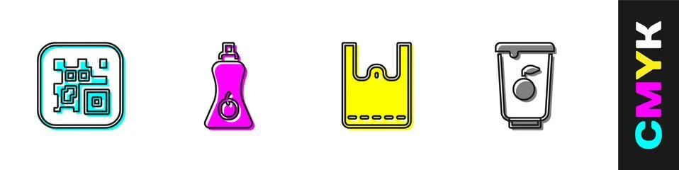 Set QR code, Sauce bottle, Paper shopping bag and Yogurt container icon. Vector Stock Illustration