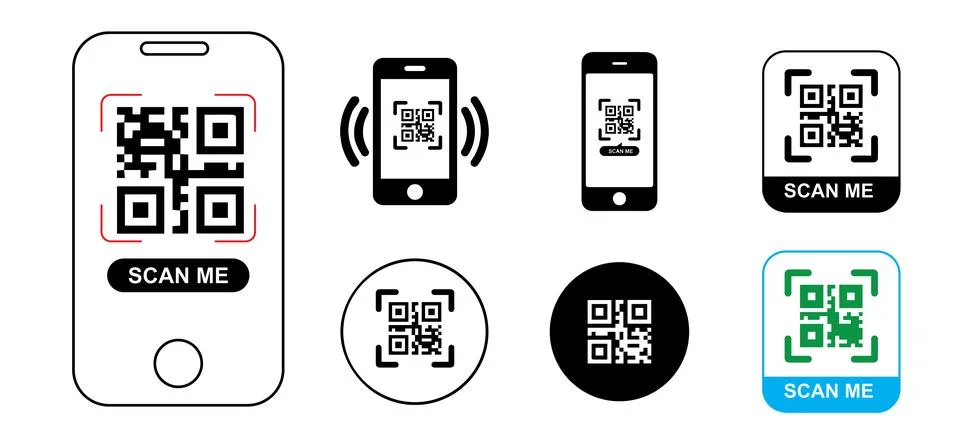 Set of qr code scanner icons featuring black and white mobile phone illustr.. Stock Illustration