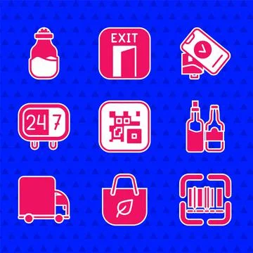 Set QR code, Shopping bag with recycle, Scanner scanning bar, Whiskey bottle Stock-Illustration