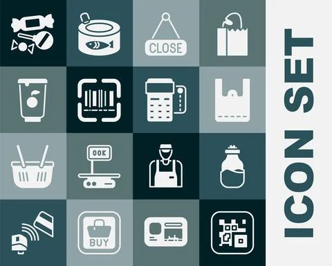 Set QR code, Spice in can, Paper shopping bag, Hanging sign with Closed, Scanner Stock Illustration