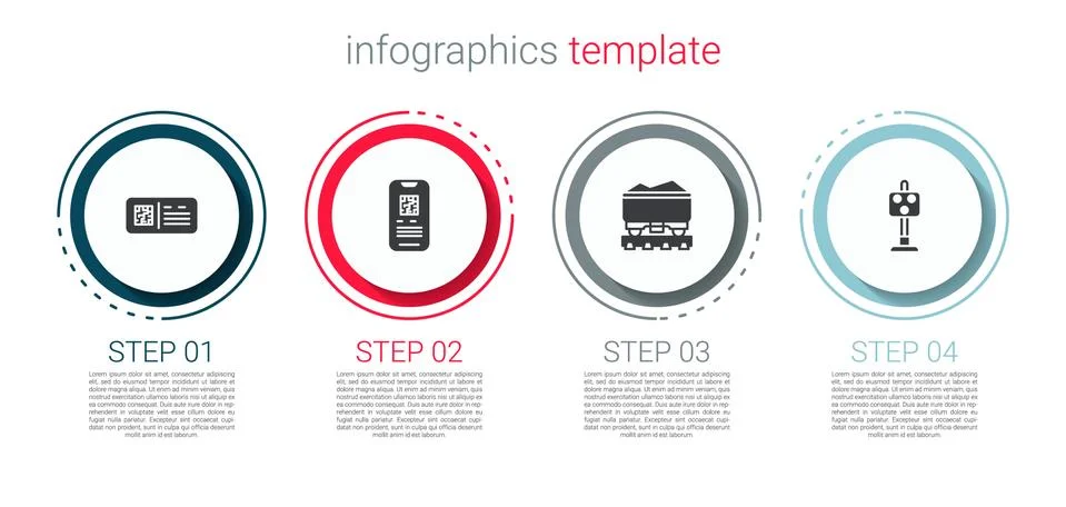Set QR code ticket train, E-ticket, Coal wagon and Train traffic light. Business Stock Illustration