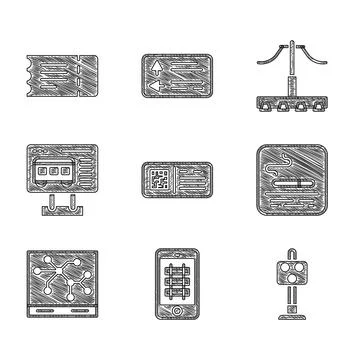 Set QR code ticket train, Buy online, Train traffic light, Smoking area, Railway Stock Illustration