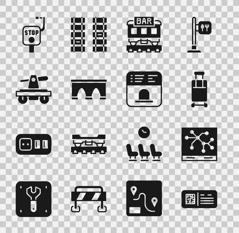 Set QR code ticket train, Railway map, Suitcase, Restaurant, Bridge for Stock Illustration