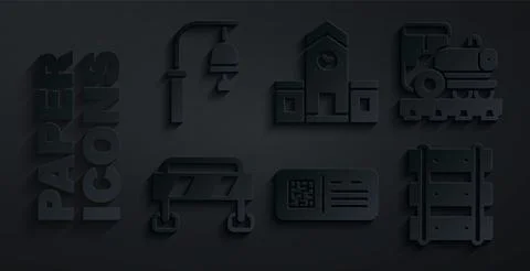 Set QR code ticket train, Vintage locomotive, Road barrier, Railway, railroad 스톡 일러스트