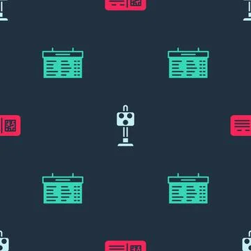 Set QR code ticket train, Train traffic light and station board on seamless Illustrazione stock