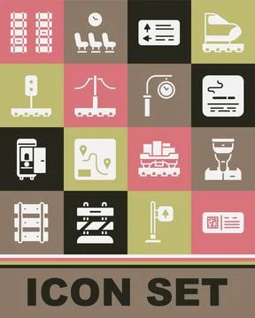 Set QR code ticket train, Train conductor, Smoking area, Road traffic signpost Illustrazione stock