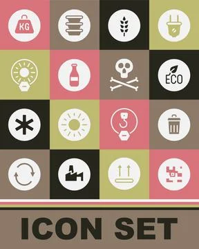 Set QR code, Trash can, Leaf Eco symbol, Wheat, Bottle, No direct sunlight Stock Illustration