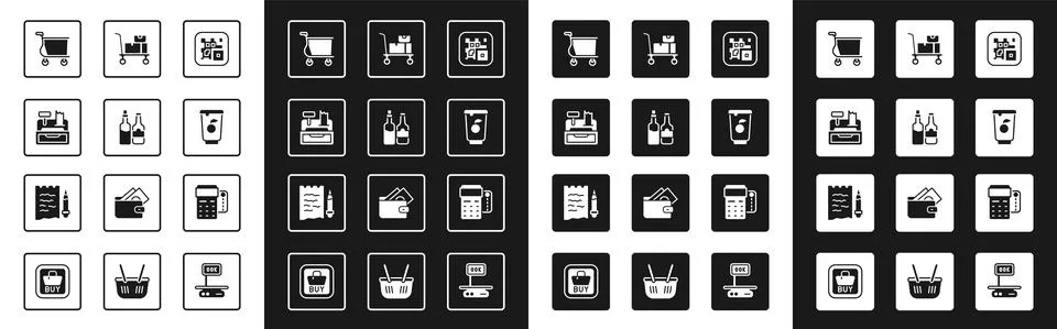 Set QR code, Whiskey bottle, Cash register machine, Shopping cart, Yogurt 스톡 일러스트