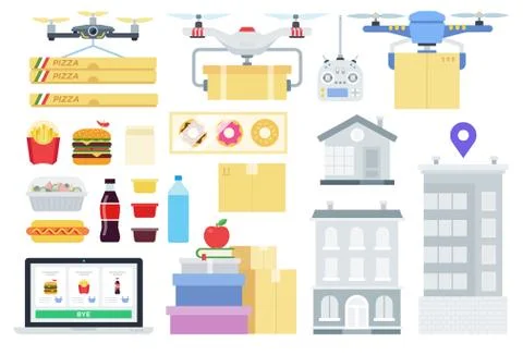 Set of Quadcopter and Drone flat vector illustration. Stock Illustration