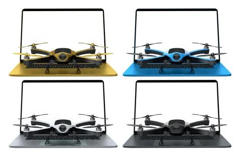 Set of quadcopter drones in different colors with corresponding laptops isolated Stock Illustration