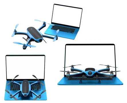 Set of quadcopter drones in different colors with corresponding laptops isolated Stock Illustration