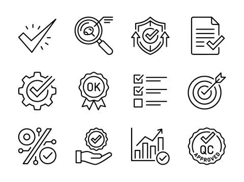 Set of quality control icons with checkmarks, magnifying glass, shield, doc.. Stock Illustration